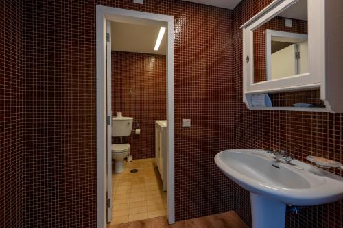 a bathroom with a sink and a toilet at Hotel Apartamento Solverde in Espinho