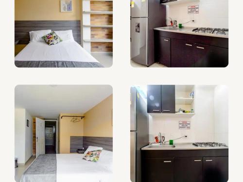 four pictures of a kitchen and a bedroom at EDIFICIO Niza80 IBAGUE, ACCESO DIGITAL CERCA PARQUE DEPORTIVO o coliseo, diag Caí del exito in Ibagué