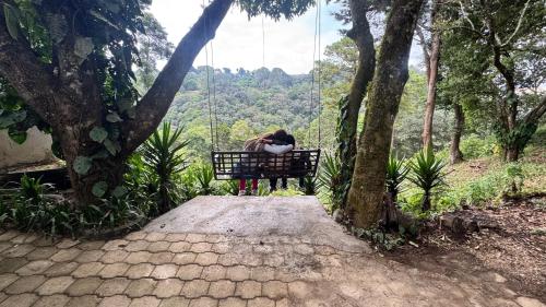 una mujer sentada en un columpio en el bosque en Villa Josefina, en Santiago Sacatepéquez