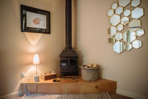 - une cuisinière installée sur une table en bois dans l'établissement Hogchester Cottage, à Bridport