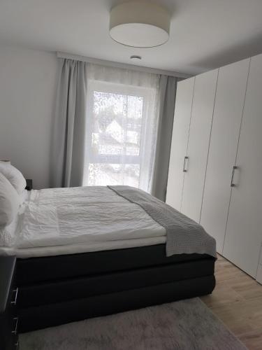 a bedroom with a bed and a window at Annas Ferienwohnung in Wallerfangen