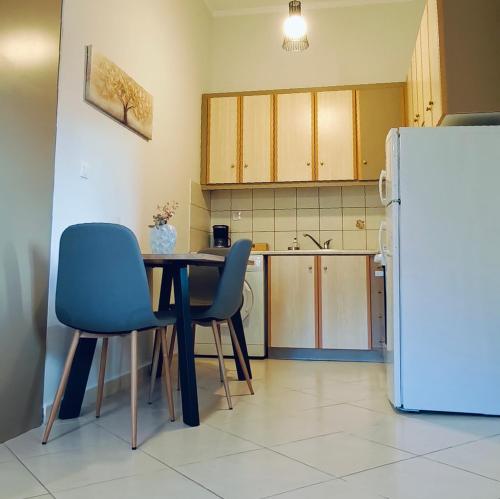 a kitchen with a table and chairs and a refrigerator at Mountain View Apartments in Kalavrita