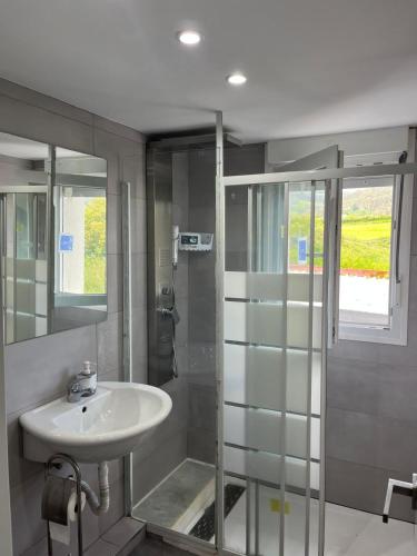 a bathroom with a white sink and a shower at APARTAMENTOS URDAIBAI 4 in Busturia
