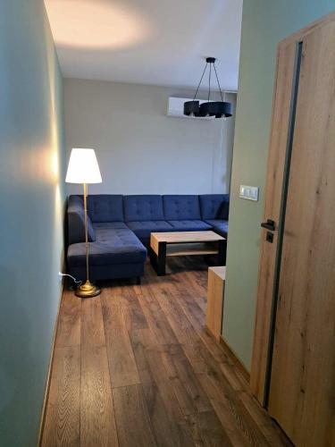 ブスコ・ズドロイにあるApartament Zdrojowyのリビングルーム(青いソファ、ランプ付)