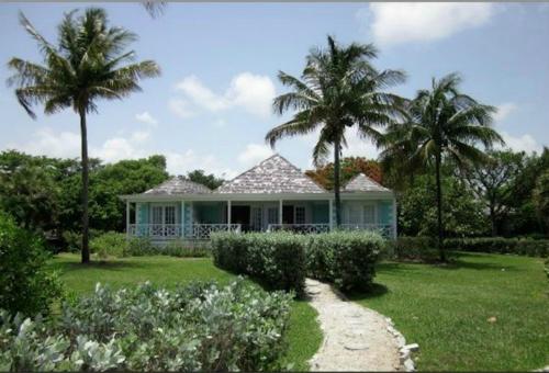 una casa con palmeras en un patio en The Blue Inn Family Vacation Rental, en Smiths Point Settlement