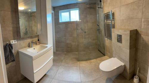 a bathroom with a shower and a toilet and a sink at Two rooms apartment in Reykjavik in Reykjavík