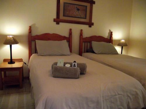 a bedroom with two beds and two lamps at Jock-Sabie Lodge in Sabie