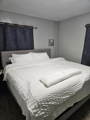 een slaapkamer met een groot wit bed en blauwe gordijnen bij Entire Spacious House in New Jersey in East Orange