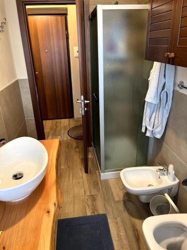 a bathroom with a sink and a toilet and a shower at Holiday PratoNevoso - Sci ai piedi in Prato Nevoso