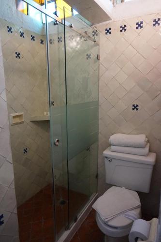 a bathroom with a toilet and a glass shower at Suites Poza Real in Tequisquiapan