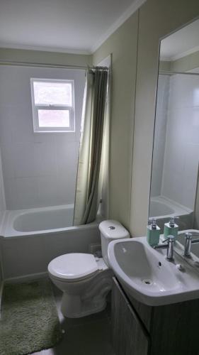 a white bathroom with a toilet and a sink at Refugio tranquilo en Bosquemar in Puerto Montt