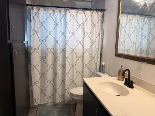 a bathroom with a sink and a toilet and a shower curtain at Golden Acres in Calming Caldwell in Caldwell