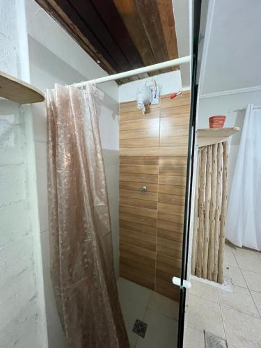 a shower with a glass door in a bathroom at Pousada Nativo in Morro de São Paulo