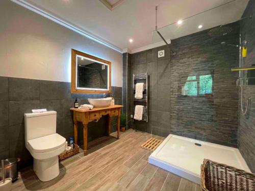 a bathroom with a tub and a toilet and a sink at Charming Country Retreat -Lake View Cottage with Hot tub in Wisbech Saint Mary