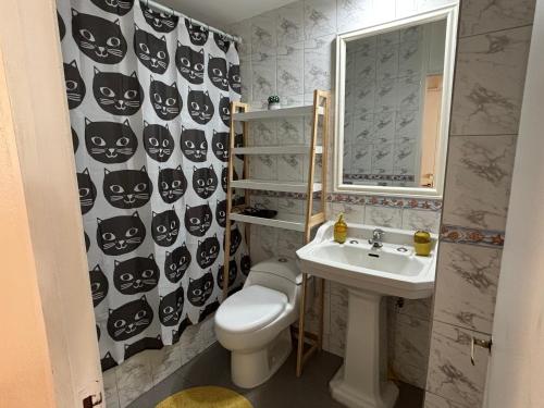 a bathroom with a toilet and a sink and a mirror at Hermoso departamento en Viña del Mar in Viña del Mar