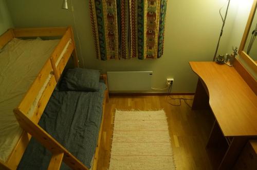 a small room with a bunk bed and a rug at Laplanders room 1 in Kiruna