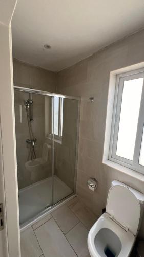 a bathroom with a shower and a toilet and a window at Renata's Three bedrooms Penthouse with Sea view in Il-Gżira