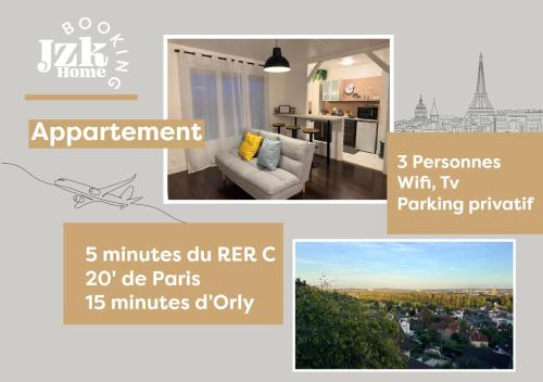 a collage of pictures of a living room and a kitchen at Studio aux portes d'Orly & Paris in Athis-Mons