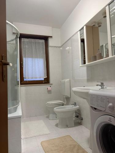 a bathroom with a toilet sink and a washing machine at Calvo in Ronchi dei Legionari