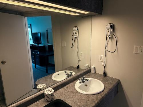 a bathroom with a sink and a mirror at Auberge Canadienne in Temiscaming
