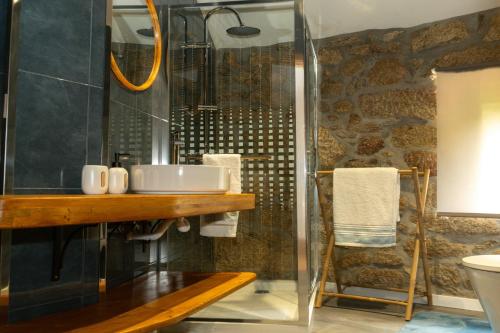 a bathroom with a shower and a sink at Quinta dos Castanheiros in Oliveira de Frades