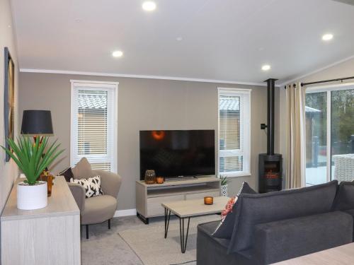 a living room with a couch and a tv at 38 At The Sanctuary Lodges - Uk50850 in Carnguwch