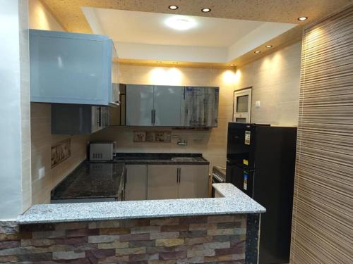 Il comprend une cuisine équipée d'un réfrigérateur noir et d'un comptoir. dans l'établissement Elephantine Hotel, à Assouan