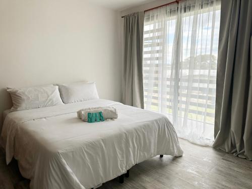 een slaapkamer met een wit bed en een groot raam bij Aero Suites Salta in Salta