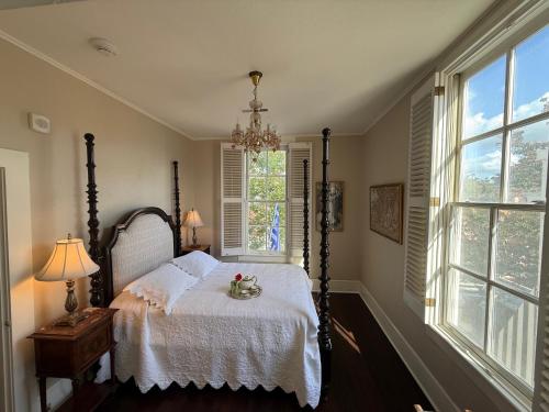 a bedroom with a bed and a chandelier and windows at Hotel St. Helena in St. Helena