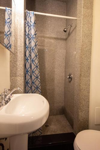 a bathroom with a shower with a sink and a toilet at JGSTAY - Koreatown in New York