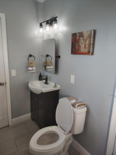 a bathroom with a white toilet and a sink at That cute house on Emerald! in Palm Bay