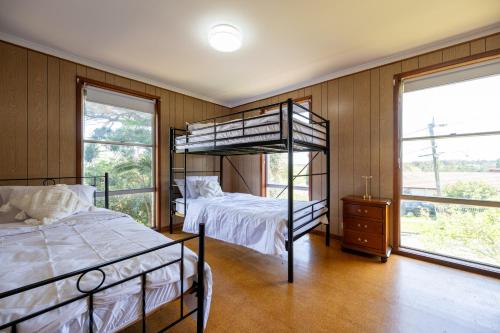 Un dormitorio con dos literas y dos ventanas. en The Valley View Guest House, en Melbourne