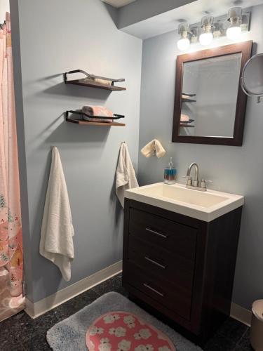 a bathroom with a sink and a mirror at Nice and Cozy! in Lincoln