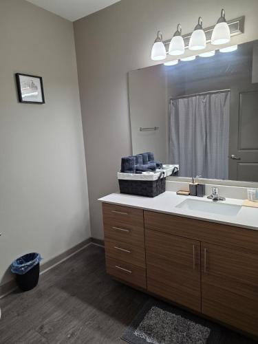 a bathroom with a sink and a large mirror at Gorgeous Uptown Apartment with Pool in Charlotte