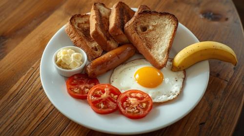 a plate of breakfast food with eggs bacon tomatoes and toast at Gam Maduwa , cooking class and Tours in Nuwara Eliya