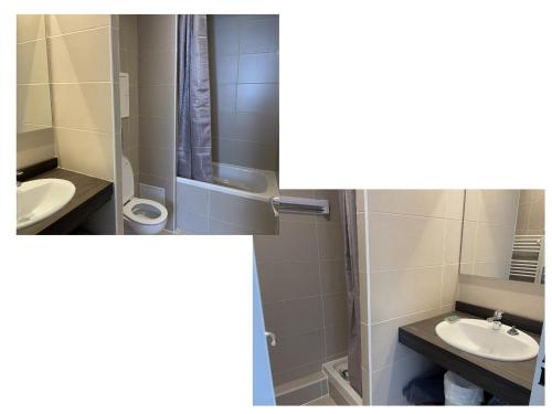 a bathroom with a shower and a sink and a mirror at Gourette: Appartement 8 pers, piscine, animaux admis - FR-1-860-14 in Gourette