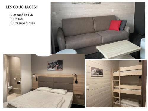 two pictures of a living room with a couch and a bed at Studio cabine 7 pers, piscine, animaux admis, Gourette - FR-1-860-22 in Gourette