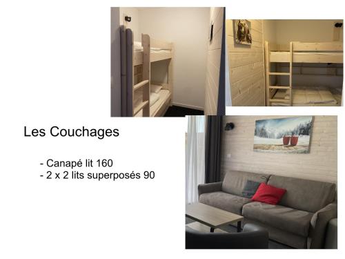two pictures of a room with a couch and a bedroom at Studio 6 pers, piscine, animaux admis - FR-1-860-28 in Gourette