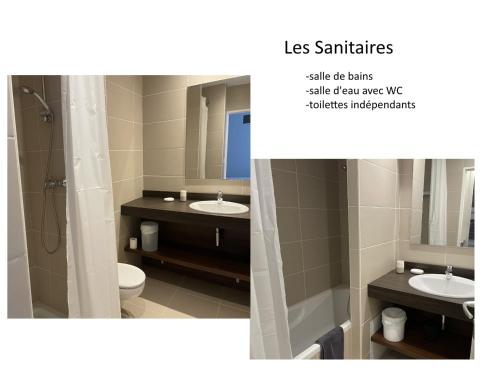 a bathroom with two sinks and a shower and a toilet at Appartement 2 pièces à Gourette, idéal pour 6 pers., proche des pistes, animaux admis - FR-1-860-38 in Gourette