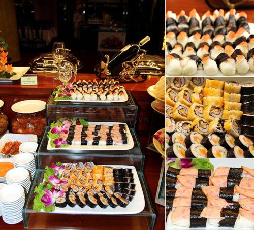 a buffet with different types of food on display at New Pacific Hotel in Ho Chi Minh City