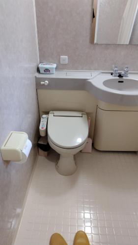 ein Badezimmer mit Toilette und Waschbecken in der Unterkunft イザリCafe in Yokoo