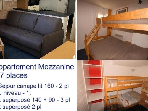 2 Bilder eines Zimmers mit Etagenbett und Sofa in der Unterkunft Gourette : Studio Duplex 7 pers, Piscine & WIFI - FR-1-859-9 in Gourette