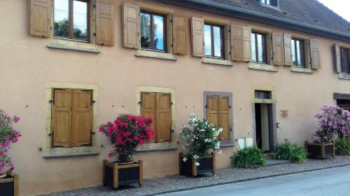 un bâtiment avec des fleurs devant lui dans l'établissement Gite Notre Dame, à Rouffach