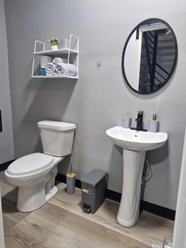 ein Badezimmer mit Toilette, Waschbecken und Spiegel in der Unterkunft Casabela in Comayagua