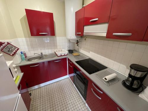 勒利然Spacieux T2 avec balcon près des pistes au Lioran - FR-1-787-134的一个带红色橱柜和水槽的小厨房