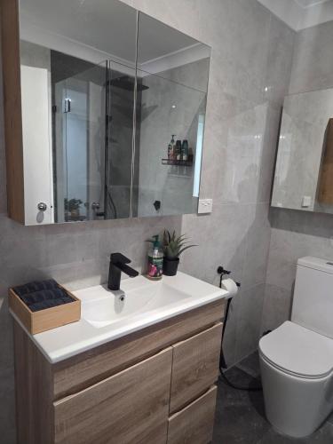 a bathroom with a sink and a toilet and a mirror at Kellyville Ridge 2 Bedroom Granny Flat in Glenwood