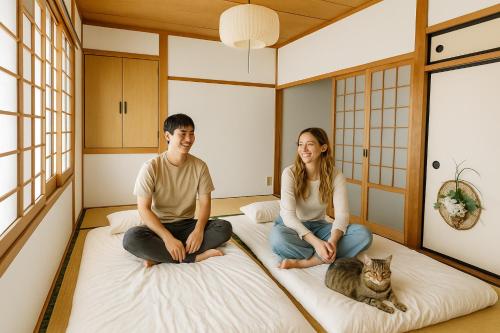 Postel nebo postele na pokoji v ubytování Guesthouse & Sharehouse カリマ安曇沓掛