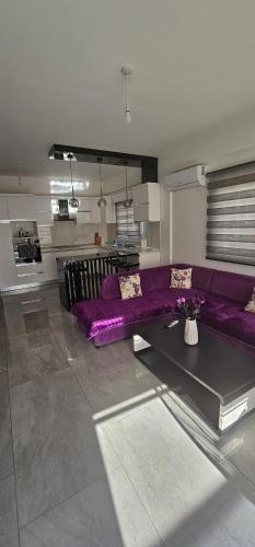 a living room with a purple couch in a room at Modern apartment in Lefkosa Turk