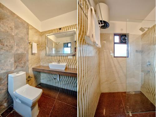 ein Badezimmer mit Toilette, Waschbecken und Spiegel in der Unterkunft LUXURY 3BHk VILLA WITH PRIVATE POOL NEAR CANDOLIM in Goa