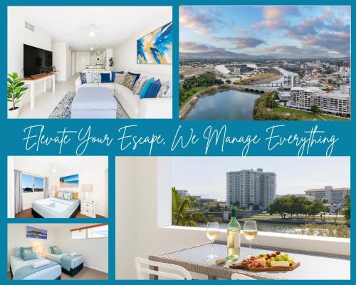Un collage de fotos de una habitación de hotel con vistas en CBD Apartment with River Views Pool & Parking in Townsville, en Townsville